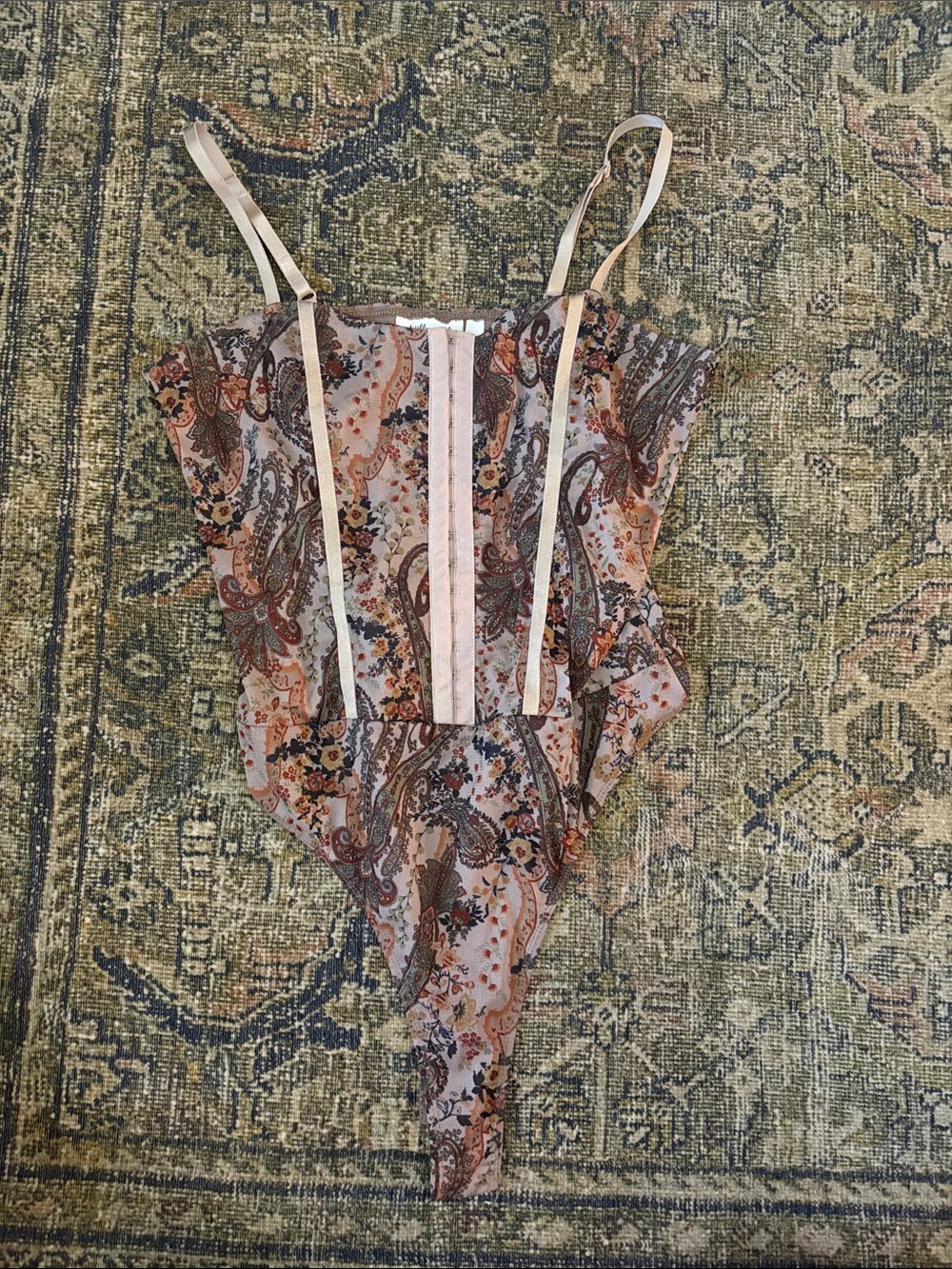 Willow & Root Sheer Paisley-Print Lace-Trim Bodysuit in Blush and Tan